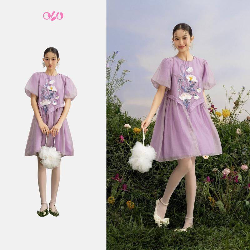  Đầm babydoll tay phồng thêu nổi bật ngọt ngào Mireille phù hợp đi chơi đi cà phê OLV 