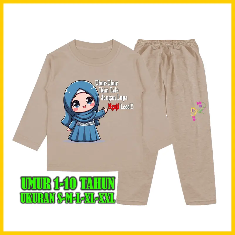 Baju Tidur Anak Perempuan Gambar Muslim Kata kata Ubur Ubur Ikan Lele Setelan Lengan Panjang - Baju Anak Fashion Celana 1