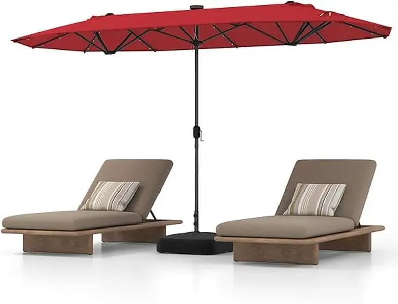 Gymax 4M Double-Sided Parasol, Outdoor Extra Large Sun Umbrella with Base, Solar LED Lights and Crank Handle, Market Sunshade Shelter Canopy for Garden Patio Beach Yard