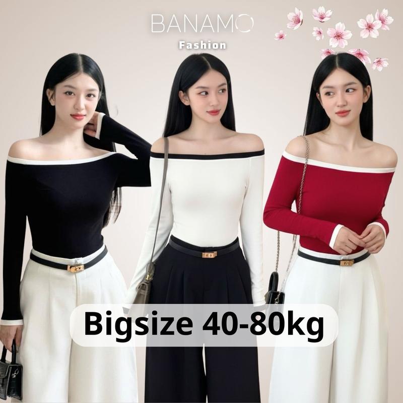Áo nữ BIGSIZE Banamo Fashion áo thun trễ vai dài tay phối viền phong cách quyến rũ 310