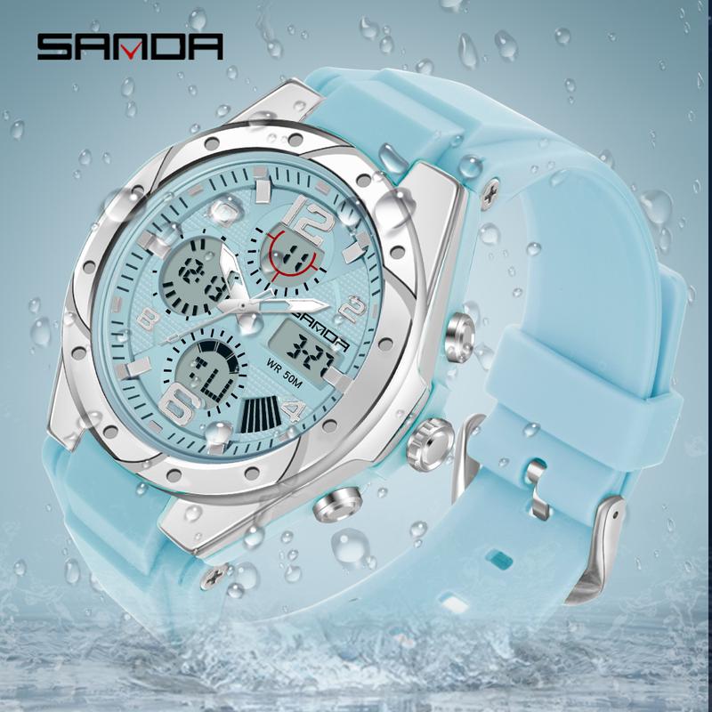 Đồng Hồ Thể Thao Chrono, Thương Hiệu SANDA, Thời Trang Nữ, Không Thấm Nước, Lịch Hoàn Chỉnh, Thạch Anh Kỹ Thuật Số, Màn Hình Kép, Đồng Hồ Nữ
