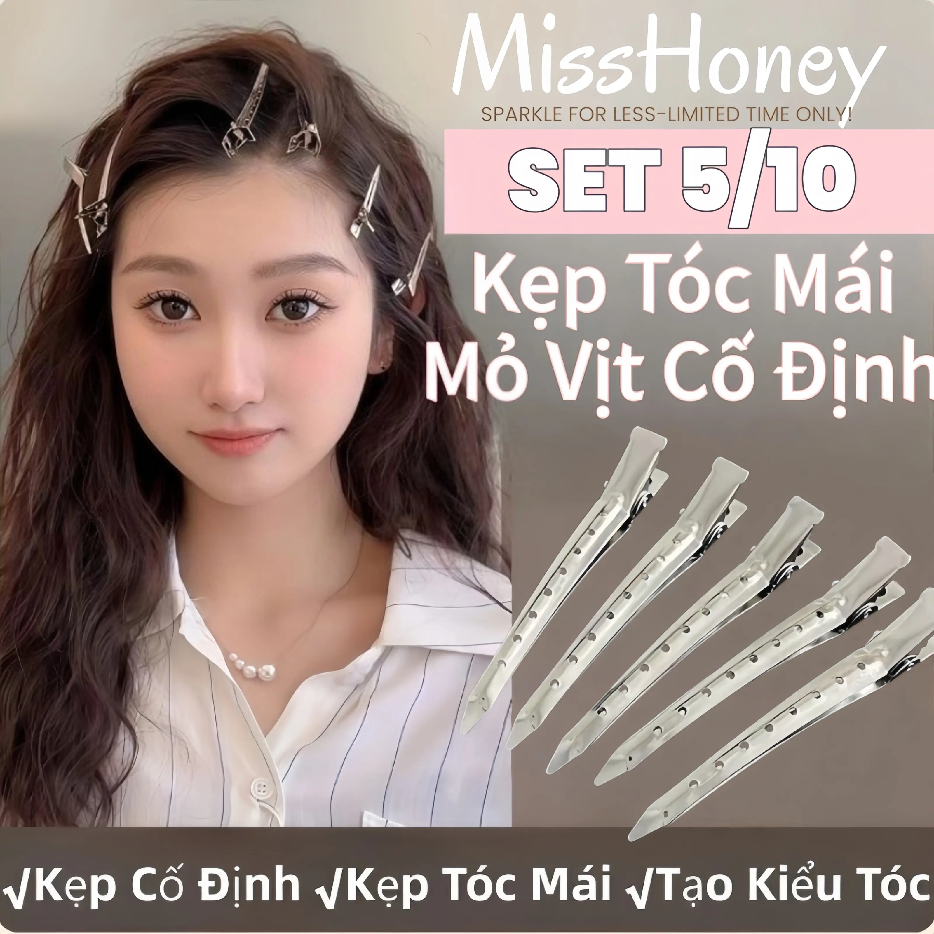 Set 5/10 Kẹp Tóc Mỏ Vịt Cố Định Tóc Bằng Sắt Mạ Bạc, Kẹp Mái Tạo Kiểu Đơn Giản Dễ Sử Sụng Cho Nữ
