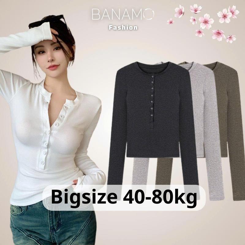 Áo thun nữ BIGSIZE Banamo Fashion Áo ôm body tay dài khuy cài trước màu trơn siêu tôn dáng 3907
