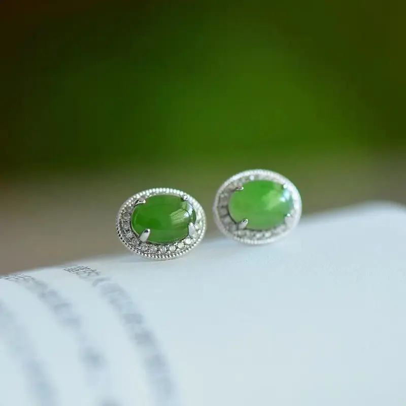 Anting-Anting Giok Jasper Hetian Alami [SHANTY DI CHINA] Bertatahkan Perak 925 , Ukuran Batu 6 x 8mm 0
