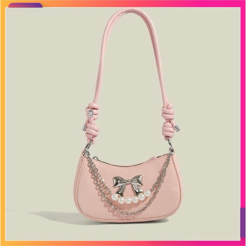 Túi xách nữ dễ thương da nhung đính nơ kèm charm xích ngọc dây đeo có thể điều chỉnh