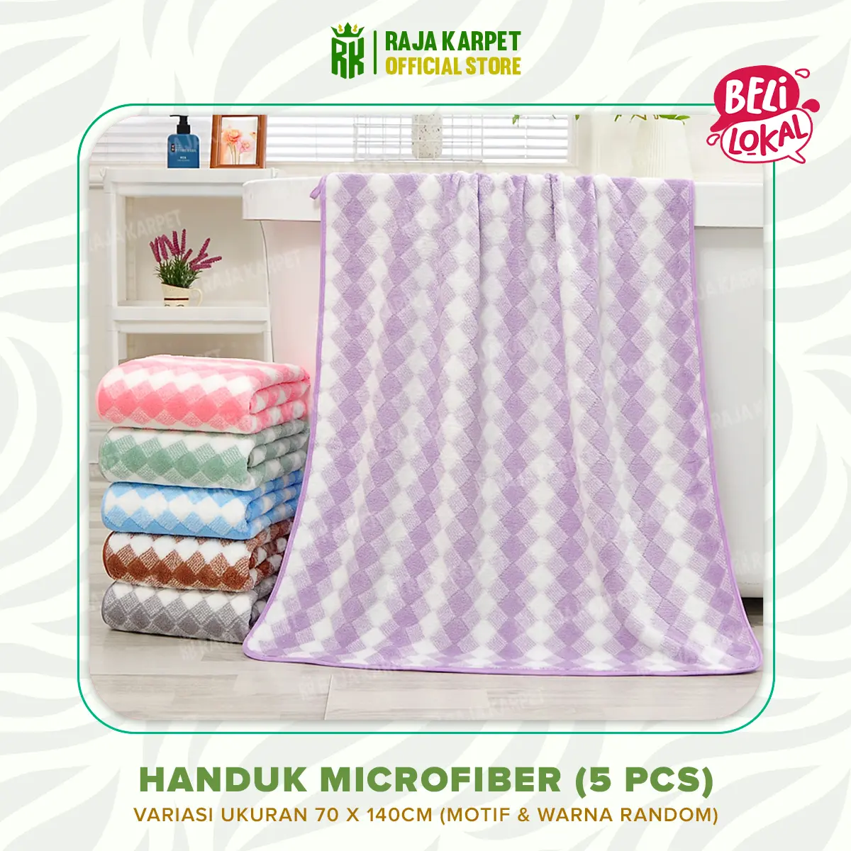 RAJA - 5 PCS Handuk Mandi Micofiber UK 70x140CM Bahan Kain Microfiber Premium Lembut Menyerap Air MOTIF &WARNA RANDOM