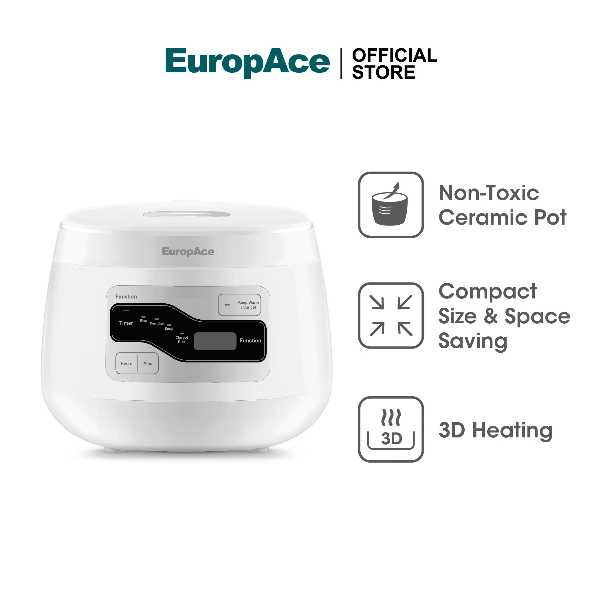 EuropAce Ceramic Pot Rice Cooker | ERJ5801DWH | Non-stick, Compact Sized & Space Saving, 3D Heating Technology