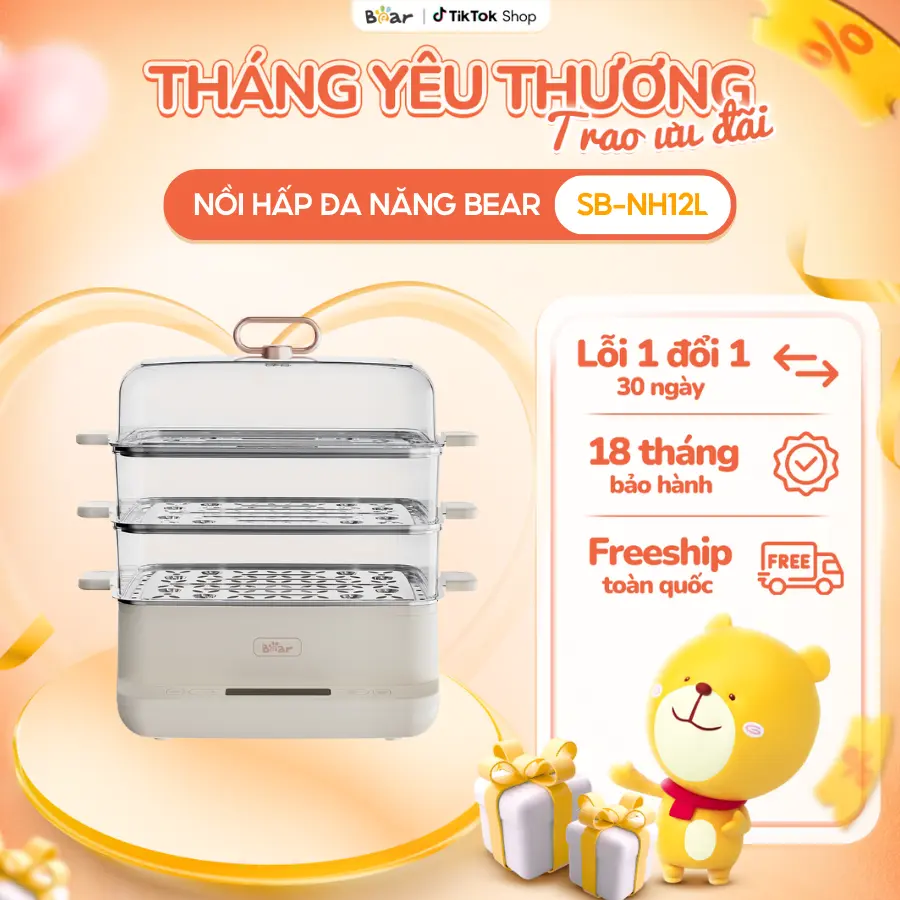 [Ưu Đãi Sốc] Nồi Hấp Điện BEAR 12L Nồi Hấp 3 tầng Nồi Hấp Đa Năng Nồi Hấp Bánh Bao Nồi Hấp Nấu Ăn 6 Chế Độ Hấp Kháng Khuẩn An Toàn SB-NH12L