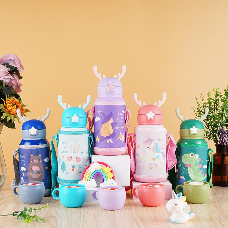 Bình nước giữ nhiệt sừng inox 316 dung tích 520ml, Bình đựng nước đi học kèm dây đeo ống hút tiện lợi