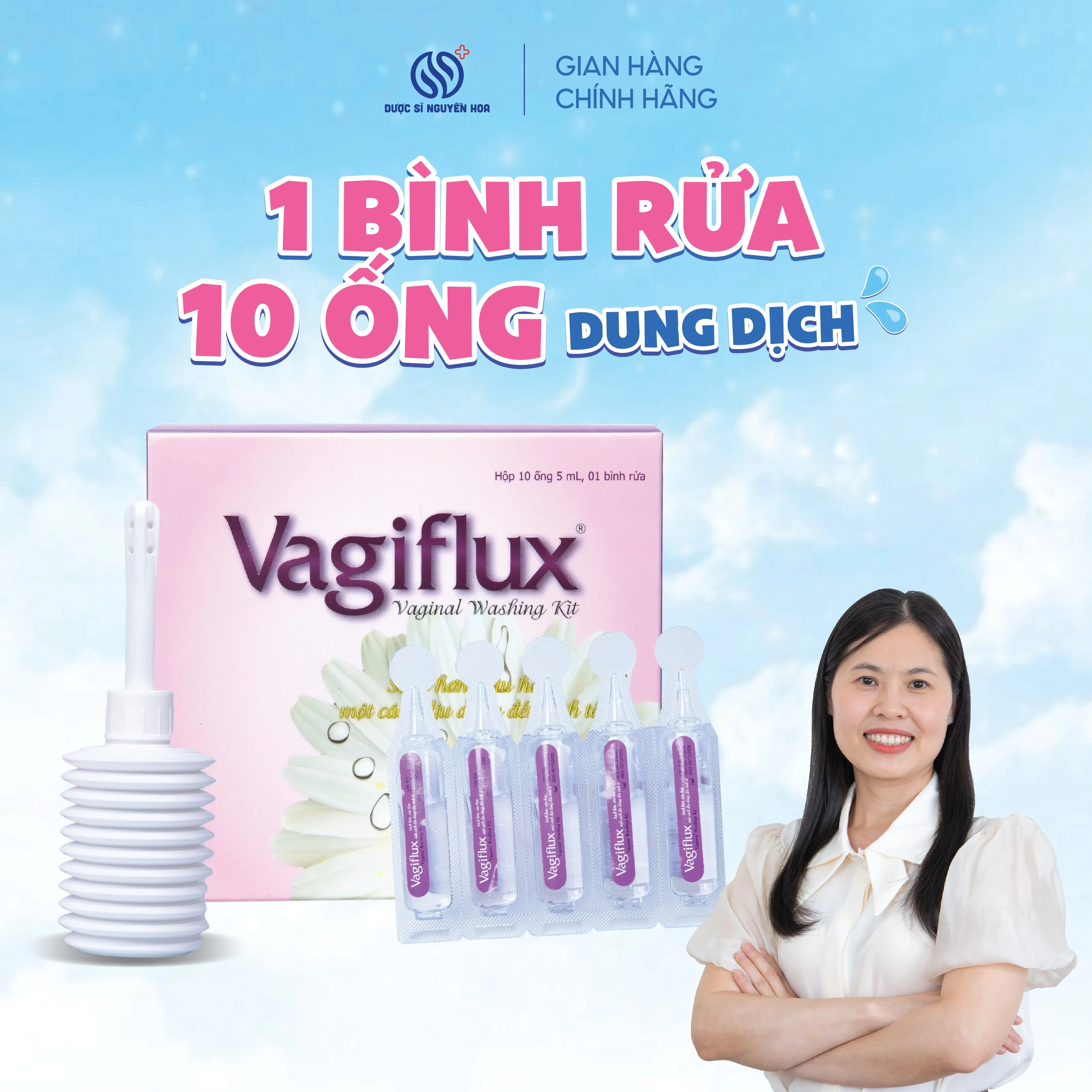 [Che Tên] Combo Ống Muối Vệ Sinh Phụ Nữ Vagiflux Kèm Bình Rửa