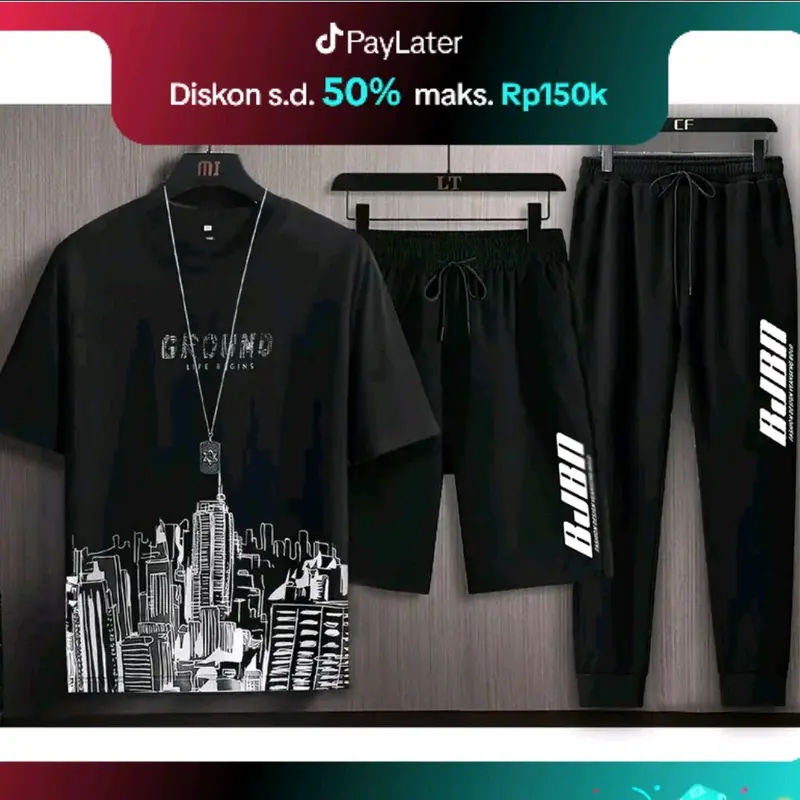Bisa Cod/kaos distro cowok/Setelan 3 In Begins - Setelan Atasan Kaos Pria/1 set outfit cowok Celana Panjang 0