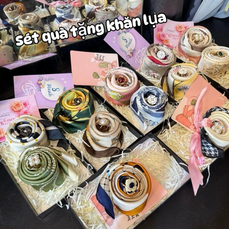  Set Quà Tặng Khăn Lụa 70x70cm kèm hộp túi thiệp mừng ngày phụ nữ việt nam sinh nhật chúc mừng cảm ơn hộp đen 22x12 KH02 