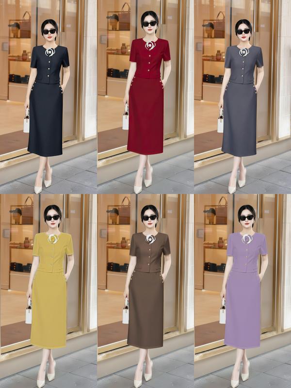 MIỄN SHIP BST MDU5524 Váy Gold Nhật Cao Cấp – Cổ Tròn Cúc Hợp Kim Phối Chân Váy Bút Chì Dành Cho Nữ