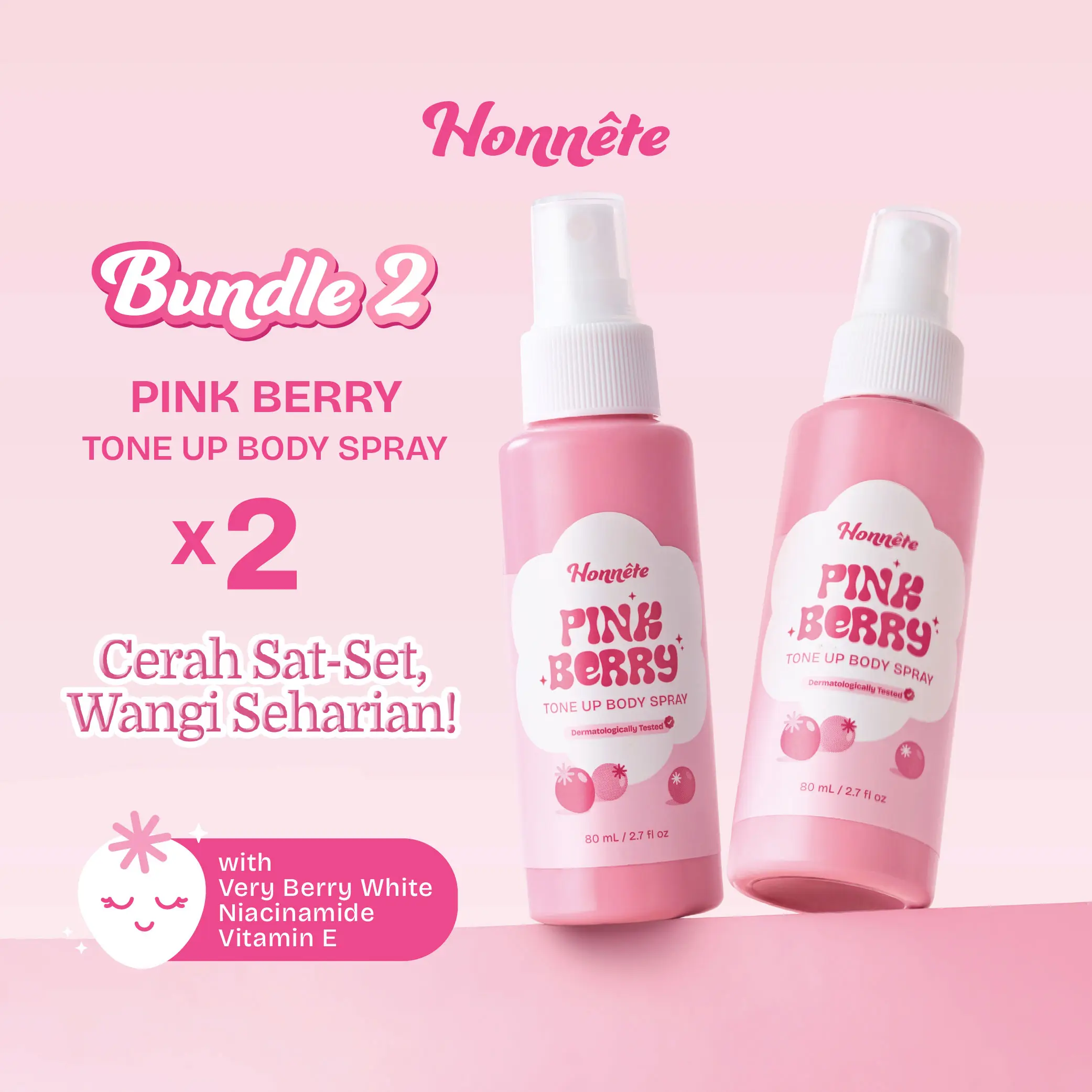 2 Pcs Honnete Pink Berry Tone Up Body Spray - Tone Up Spray Mencerahkan dan Menghidrasi Kulit Badan Wangi Halal BPOM