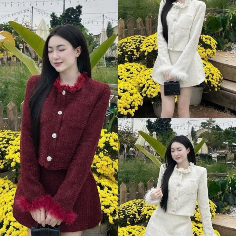 SET BỘ NỮ ÁO KHOÁC DẠ CỔ ĐÍNH HOA TAY LÔNG MIX CHÂN VÁY A FORM NGẮN MS494