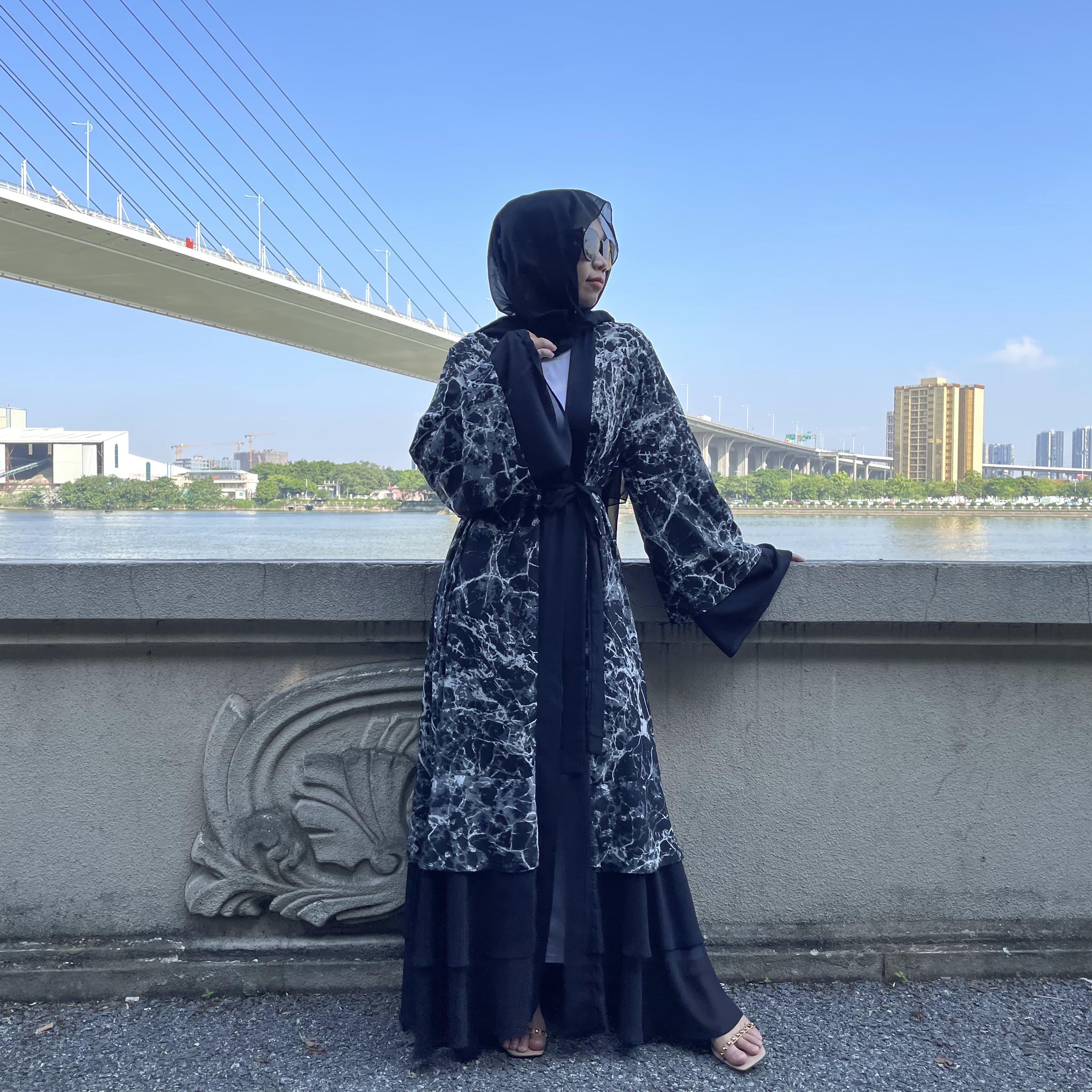 1884# Latest Designs Printed Chiffon Abaya With Ruffles Muslim Dress Dubai Size Summer Spring Islamic Clothing For Women - CHAOMENG MUSLIM SHOP