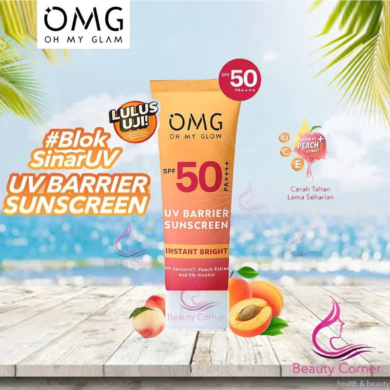 OMG Sunscreen SPF 50 Oh My Glow Sun Care | Sunblock Wajah Instant Bright 25ml Extract Peach Wanita Facial sunscreen  omg Kering Kusam Perawatan Lightening Hitam 5