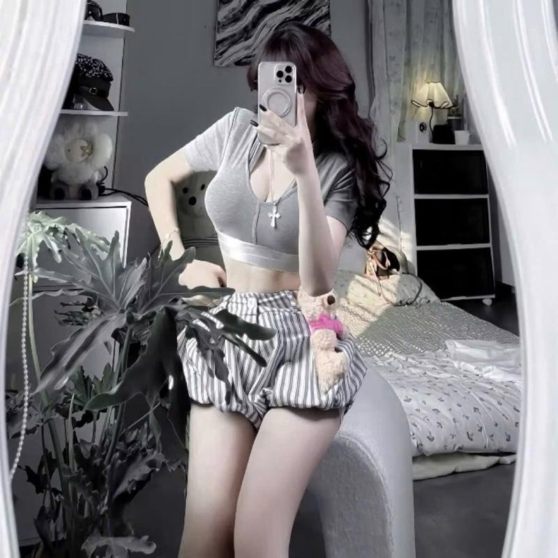 [kèm Ảnh thật]Set Bộ Áo Croptop Tay Ngắn + Quần Short Bí Phồng Lưng chun set crop 0