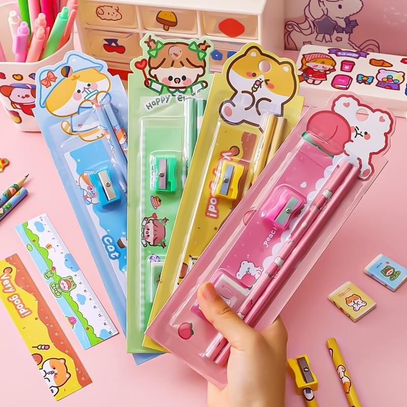 TOP Thanh lý Combo 10 Bộ dụng cụ học tập 5 chi tiết đồ dùng học tập dễ thương cute làm quà tặng cho bé