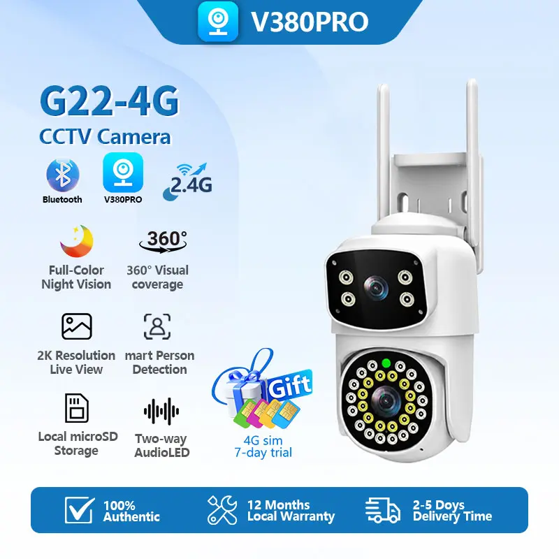 G22-4G V380 Pro Kamera CCTV double lens satu unit bisa memantau dua arah sekaligus tanpa sudut terlewat, gratis kartu SIM 4G masa percobaan 7 hari, penglihatan malam warna penuh super terang, pandangan 360 derajat resolusi 2K tajam deteksi orang otomatis