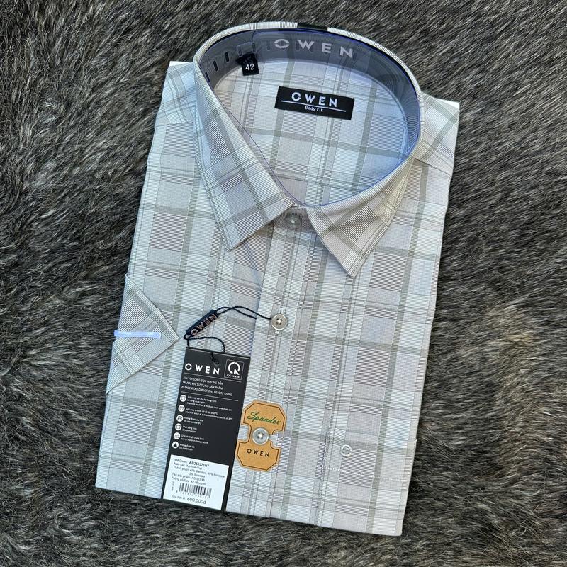 OWEN - Aó sơ mi ngắn tay Owen 250371 Bodyfit (VẠT NGANG) chất sợi TRE CA RÔ XÁM Menswear Nam Áo