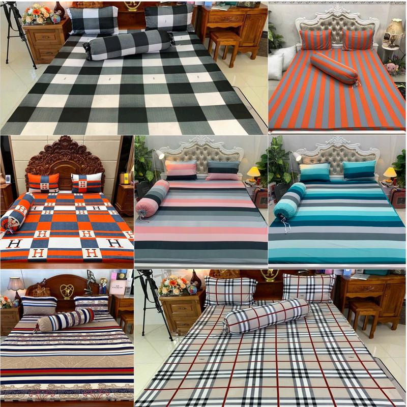 BỘ GA THUN LẠNH - VỎ GỐI ÔM KHÓA KÉO MẪU SỌC CAM, SỌC KẺ CARO (1 ga, 2 vỏ nằm, 1 vỏ ôm dây kéo)