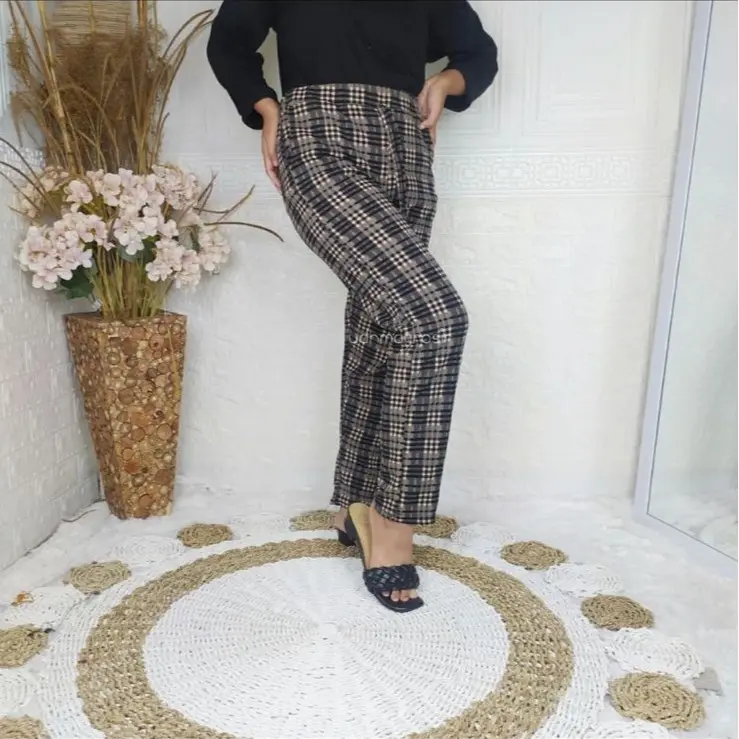 Celana Tartan Wanita Kekinian - Bawahan Baggy Pants Wanita - Fashion Celana Panjang Wanita Cantik Formal Kancing