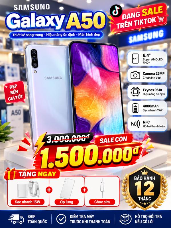 Điện Thoại SAMSUNG GALAXY A50 – GIẢM TỪ 3 TRIỆU CÒN 1TR5 | MÀN HÌNH SUPER AMOLED 6.4 INCH | CAMERA ĐẸP | CÓ NFC