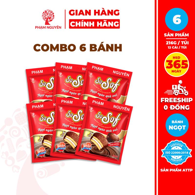  Combo 6 túi Bánh phủ socola Choco PN SoSof 216g | Bánh ăn vặt Socola | Snack Sô Cô La 