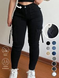 Pantalones cargo de mezclilla con múltiples bolsillos lisos para mujer, pantalones casuales de calle para uso diario, pantalones de mujer para todas las estaciones