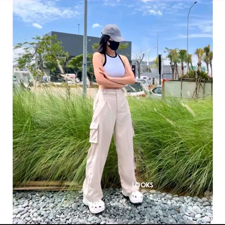 Celana Panjang Cargo Coqueiee Pants Wanita Premium Hightwist Cantik Tebal Katun Army Coklat Dark  Kain Nyaman Grey Kantor Navy Variasi