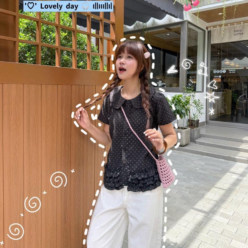  Áo sơ mi cổ sen hoạ tiết chấm bi phối tà nhún nhiều tầng áo ngắn tay buộc thắt eo tôn dáng Salavi N7 005 