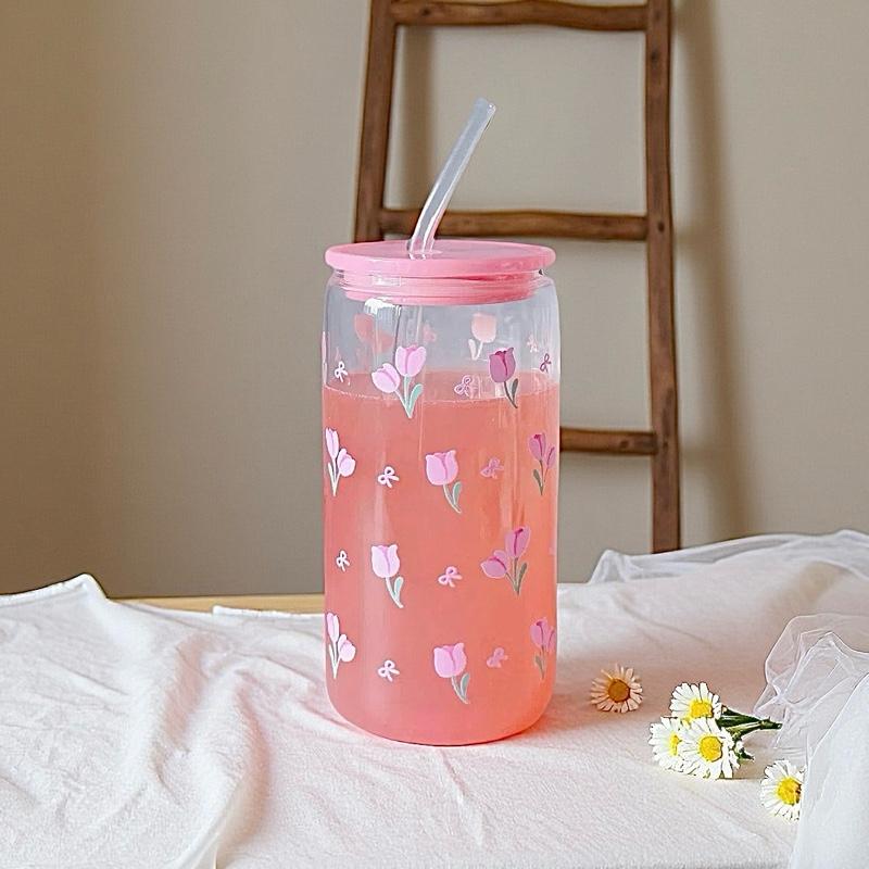 Ly Thủy Tinh Tulip Có Nắp 500ml Tặng Ống Hút Và Cọ Rửa