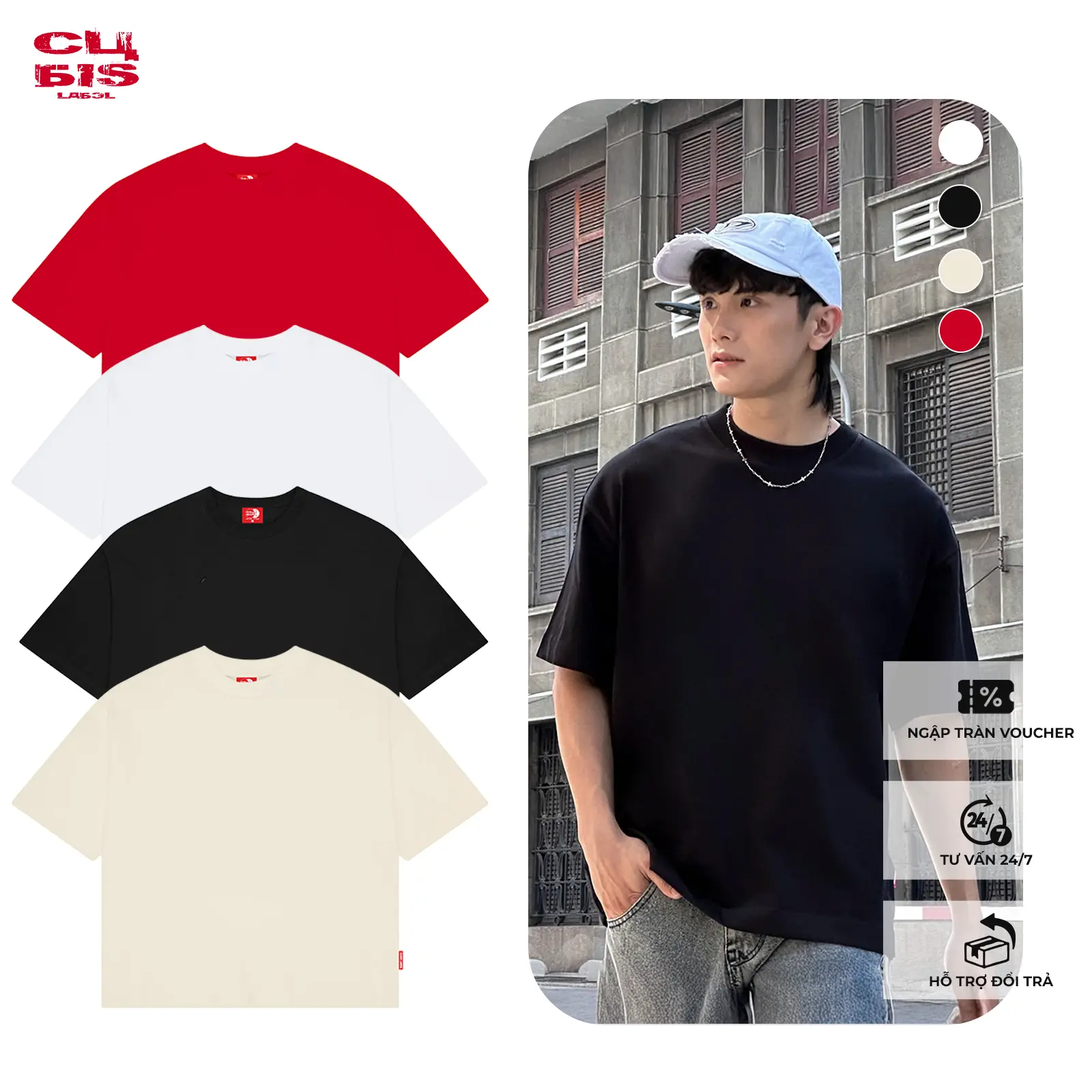 Áo thun Cotton Local Brand Unisex Nam Nữ Form Boxy Cubis Label Menswear Cổ Tròn Top Đen xl basic