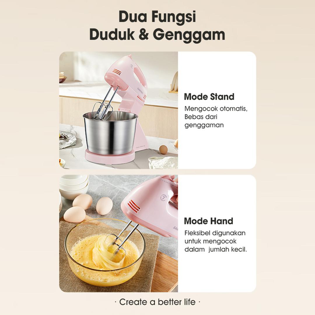 【GREBEK GUDANG SUANVINZLIE】Samono Mixer Roti Stand Mixer & Hand Mixer 2in1 Daya 200W, 7 Kecepatan, Wadah Stainless Steel 2.5L (SW-HMB200)