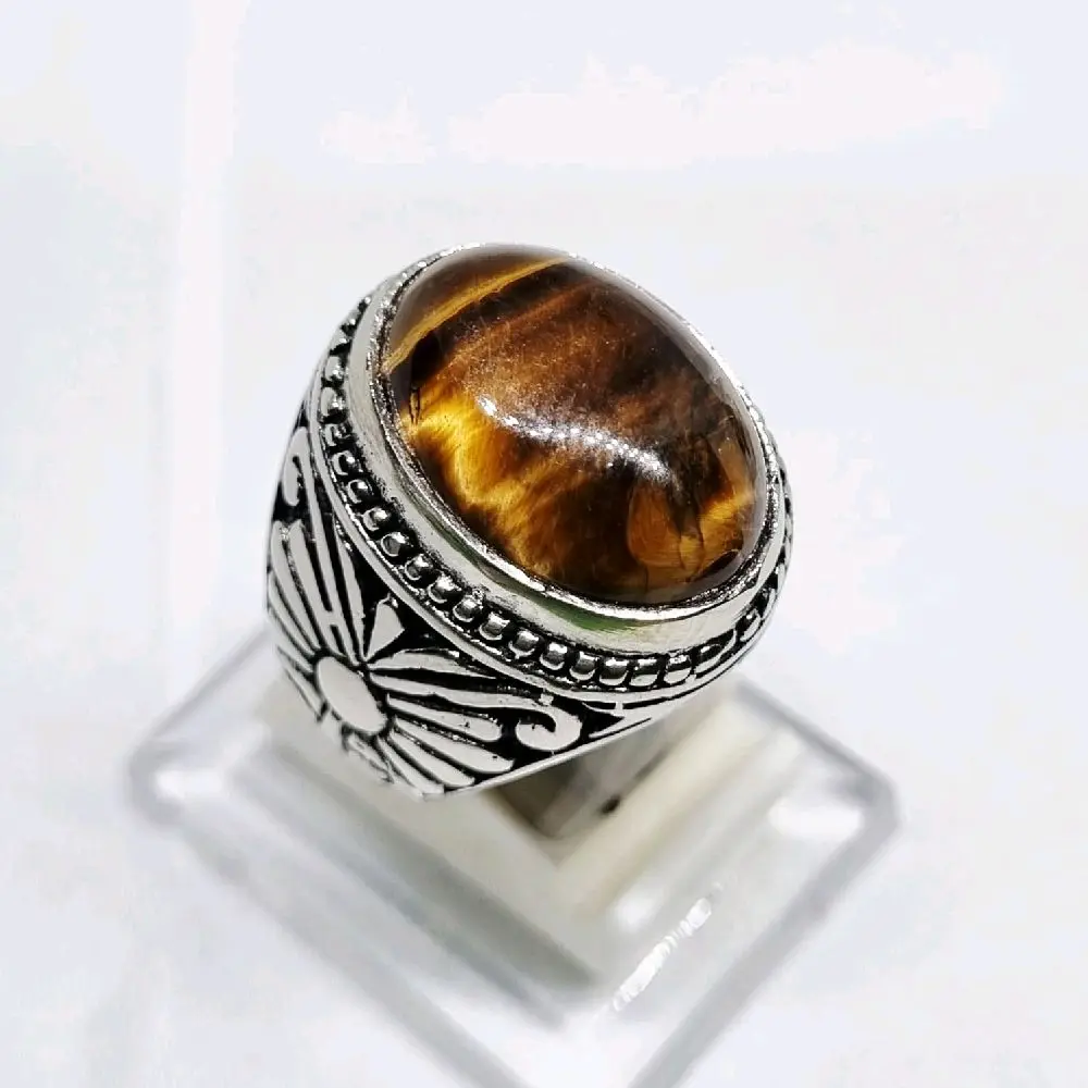 Cincin Biduri Sepah Tiger Eye Asli Natural Ring Alpaka Dengan Desain Elegan Dan Kilauan Alam