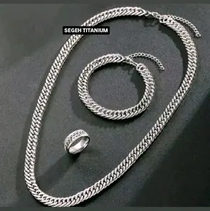 (Bonus Cincin Rantai) Set Kalung dan Gelang Titanium Model Rantai Rapat Macho Silver Anti Karat Anti Luntur untuk Pria & Wanita Elegan