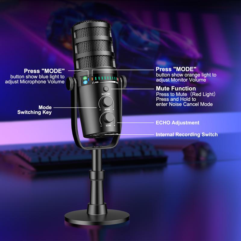Micro động, Micro podcast XLR / USB, với chân đế để bàn, Nút tắt tiếng, giắc cắm tai nghe, núm tăng và điều khiển âm lượng, Micro chơi game lý tưởng cho podcasting, ghi âm, phát sóng Trực Tiếp Trực Tiếp, giọng nói qua 4