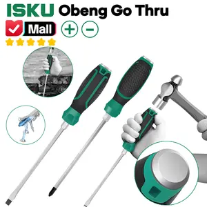 ISKU Obeng Ketok Tembus Plus Minus CRV Baja Ujung Magnet Obeng Gedor Gagang Karet Anti Slip Tahan Pukul Palu Hexagonal Bolster Alat Buka Baut Macet Karat Bengkel Motor Mobil Heavy Duty Extra Panjang 300mm