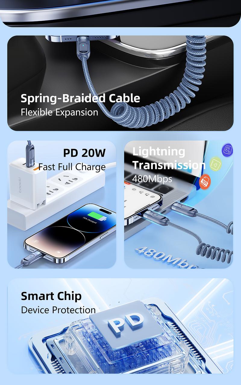 Product Introduction of Cáp sạc nhanh USB-C sang iP, Toocki PD, Type-C sang Lightning, Cáp lò xo trong xe hơi, Tương thích với PC / Máy tính bảng / Điện thoại 12
