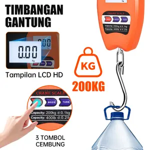 Timbangan Gantung Digital 200kg LCD LED Portable dengan Kait Stainless Steel untuk Gudang Toko dan Rumah