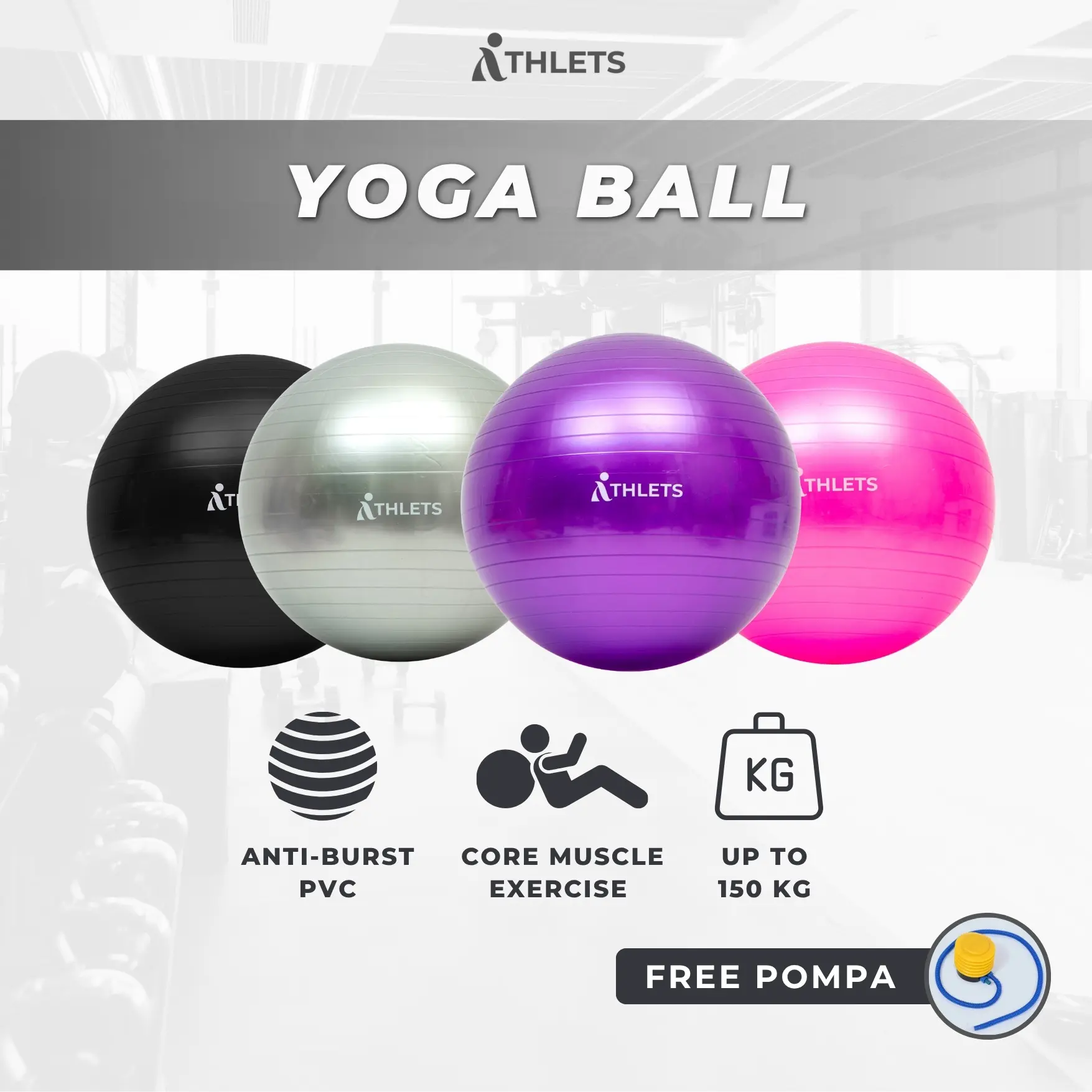 ATHLETS Gym Ball | Yoga Ball | Bola Senam Pilates Fitness