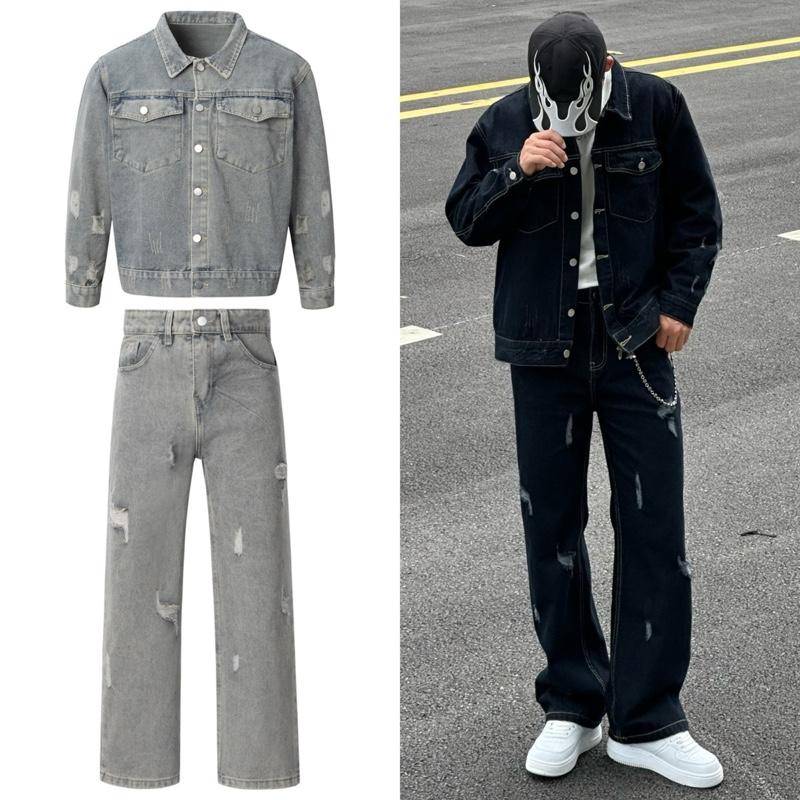 SET DENIM Áo Khoác Denim Jean Form Boxy Cào Xước - Quần Jean Denim Cào Rách Ống Rộng Cạp Cao Nam Nữ Menswear 040