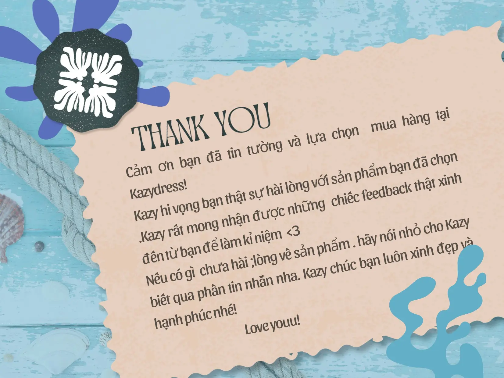 Thư cảm ơn _ Thẻ bảo hành của Kazydress