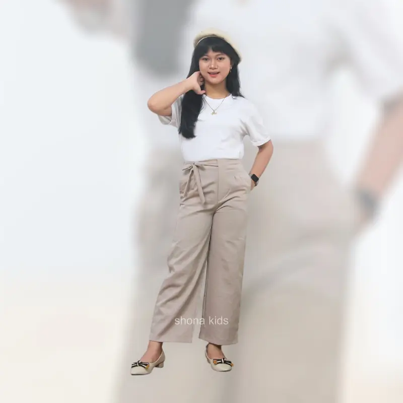 Shona - Celana Kulot Anak Perempuan Usia 7-15 Tahun Highwaist Pita Samping Panjang Katun Drill Casual Basic Loose Pants Terbaru 3