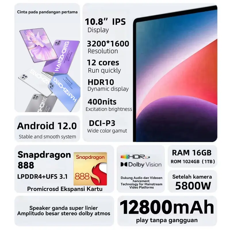 2025 X95 Pro Tablet 10.8 inci [16GB+1TB] Pengalaman Pro Layar Penuh OLED True Color 120Hz seperti PC l Ultra-tipis l Tablet Cerdas HD l Hiburan Kantor Baterai 12800 mAh Kamera Wif Bluetooth 1