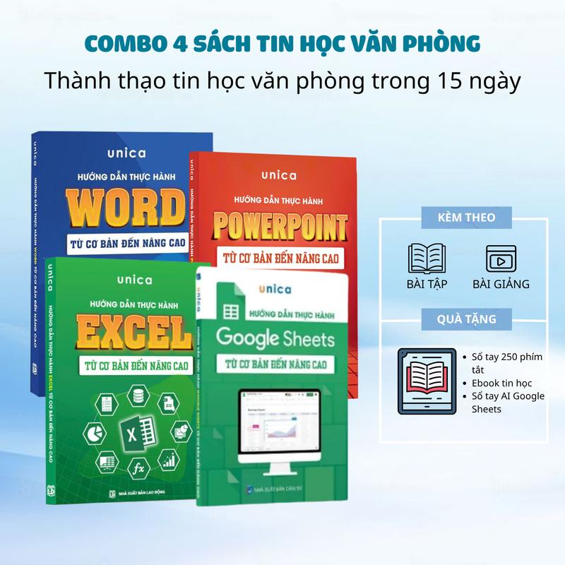 Combo 4 sách Excel- Word- Powerpoint- GoogleSheets Kèm tài liệu & bài giảng quay sẵn