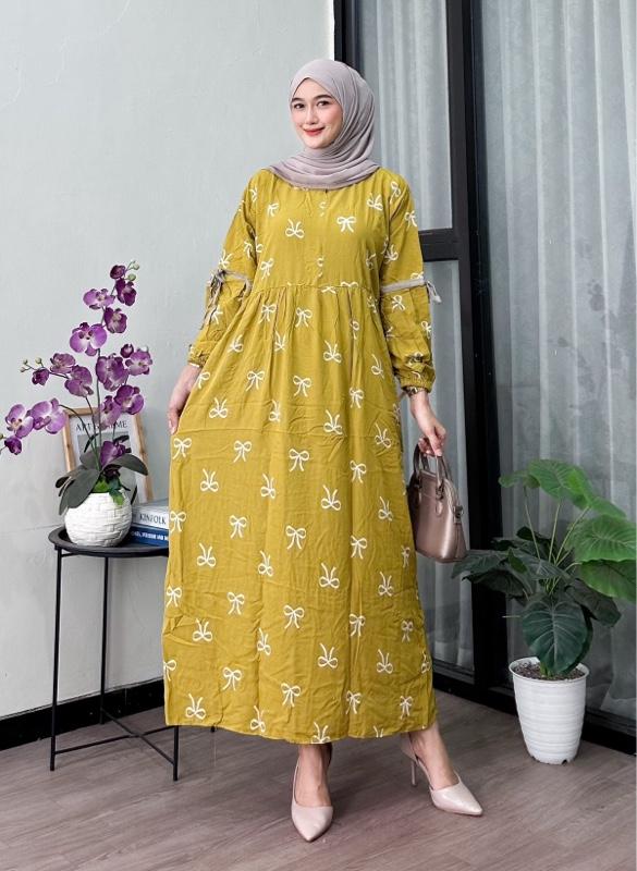 Gamis rayon kekinian motif pita lengan panjang | gamis rayon adem motif terbaru busui ld 120 best