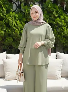 Khale Set Cel Setelan Wanita LD 110 Set Atasan + Bawahan Wanita Bahan Crinkle Airflow Tangan Polos Baju & Celana Muslim Fit Karet Nyaman Panjang Kulot Dewasa