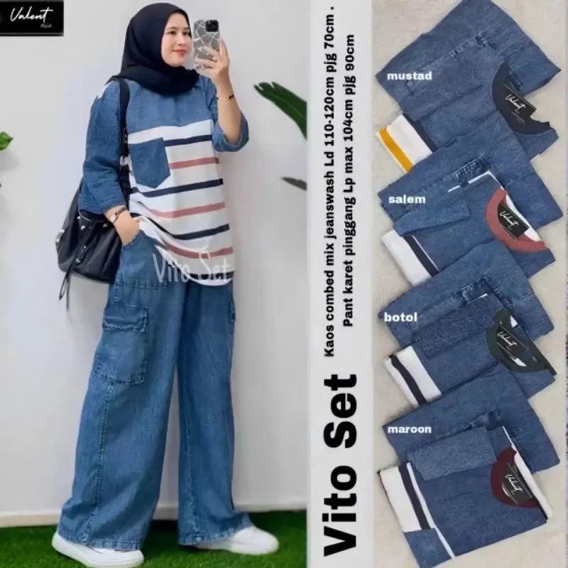 Baju Setelan Wanita Dewasa Atasan Kaos Combed Lengan Jeans Motif Sablon, Bawahan Celana Jeans Kulot Saku Cargo - Kombinasi Katun Combed - Panjang Linen